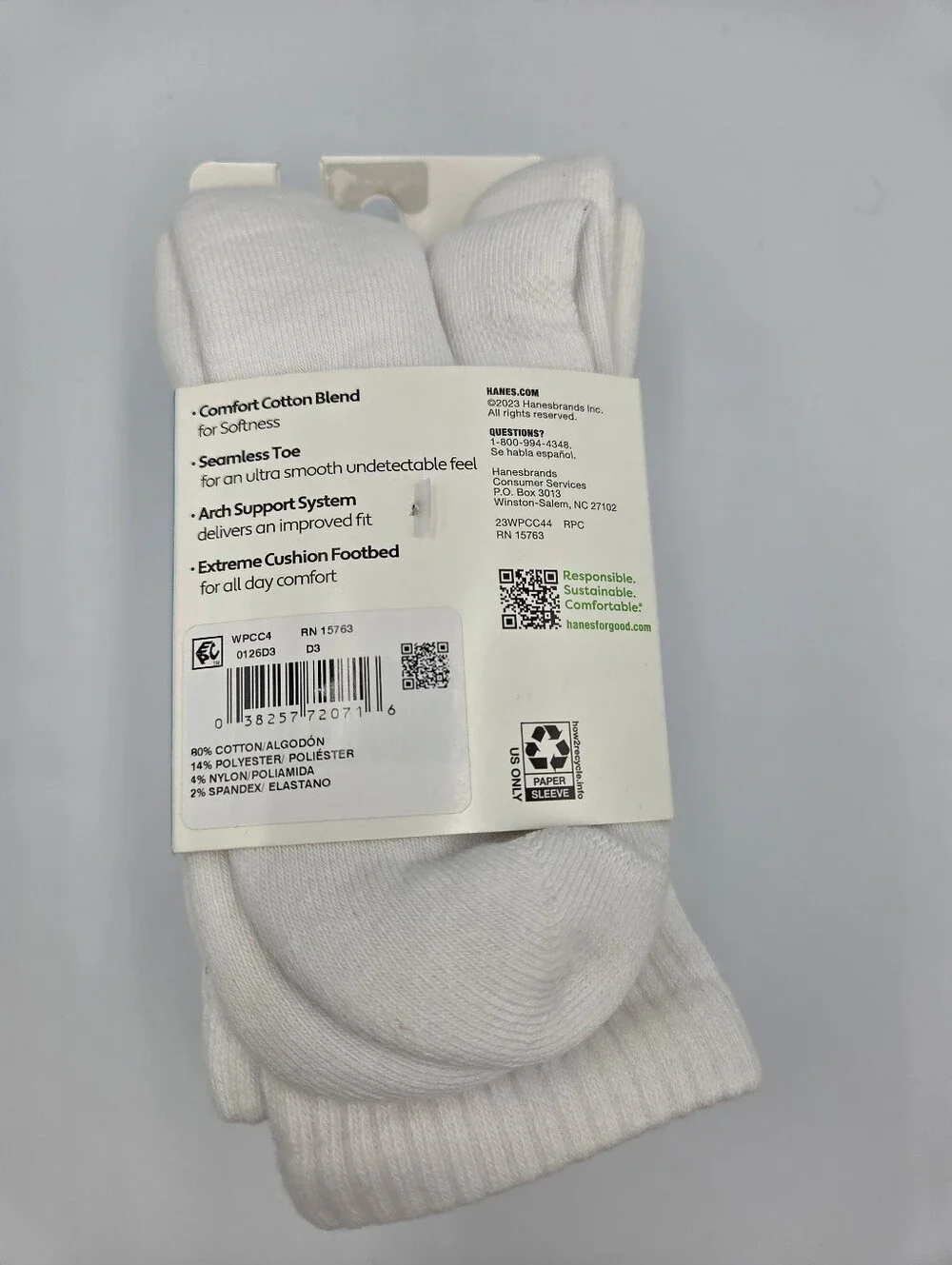 Hanes Womens White Crew Absolute Athletic Socks 4-Pack Shoe Size 5-9 Nwt